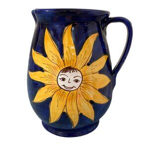 Celestial Sun Face Moon And Stars Blue & Yellow Pottery Pitcher Vase